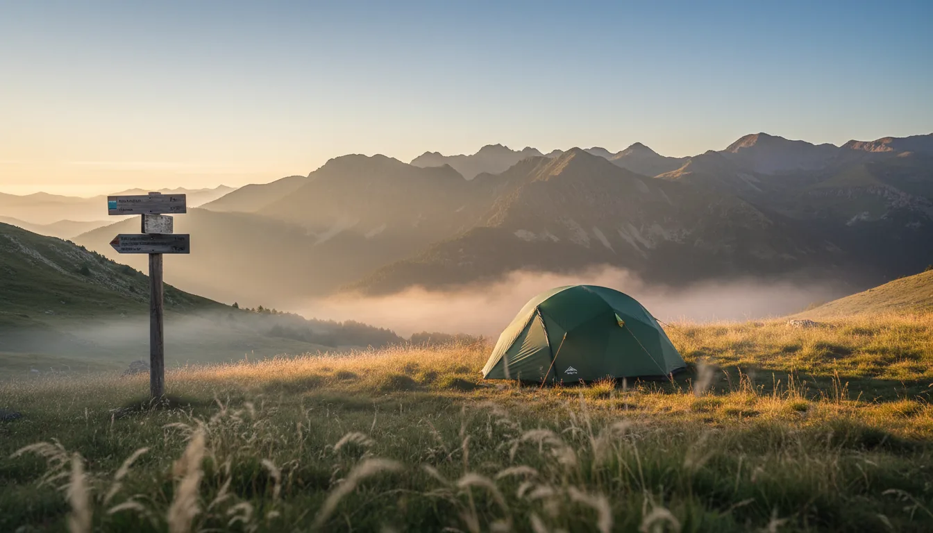 Tienda en pradera de los Pirineos al amanecer