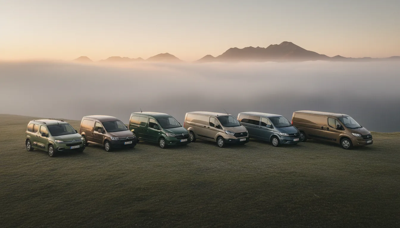 Seis furgonetas europeas alineadas al amanecer