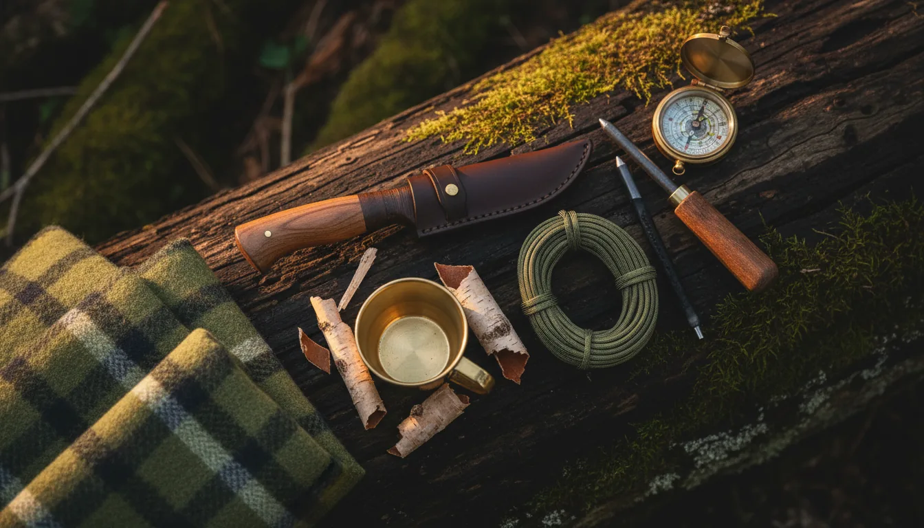 Kit de bushcraft sobre tronco musgoso