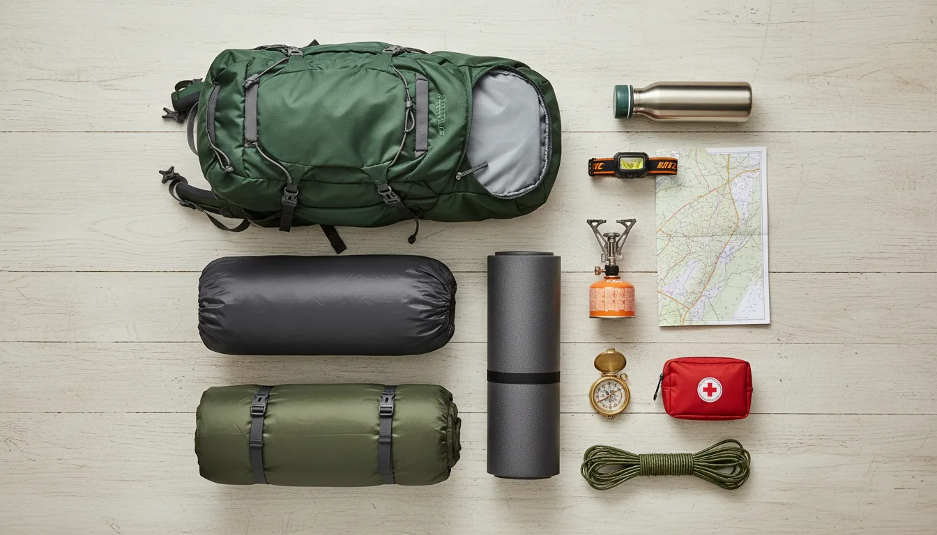 Equipo de camping organizado en flatlay