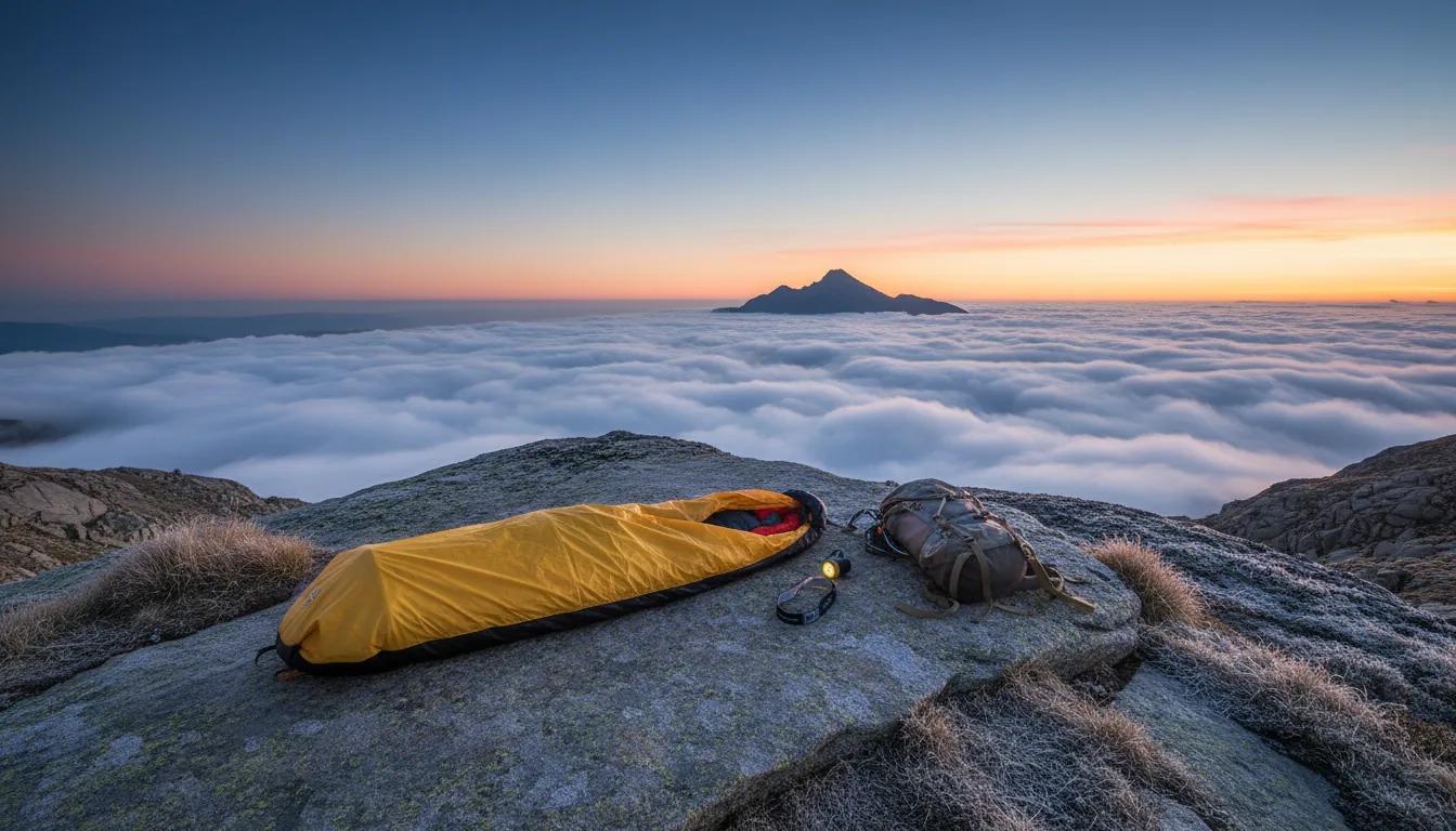 Saco vivac amarillo en bivouac alpino al amanecer