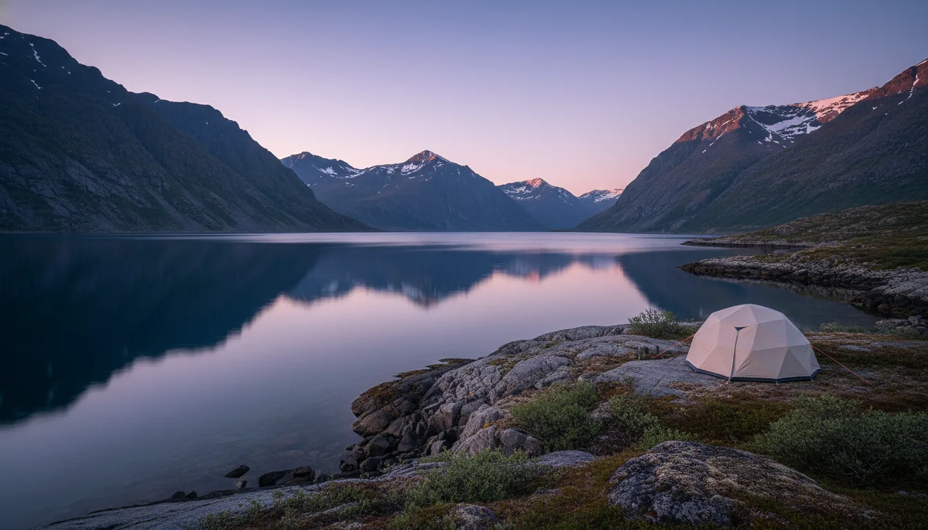 Tienda al borde de fjord noruego al atardecer