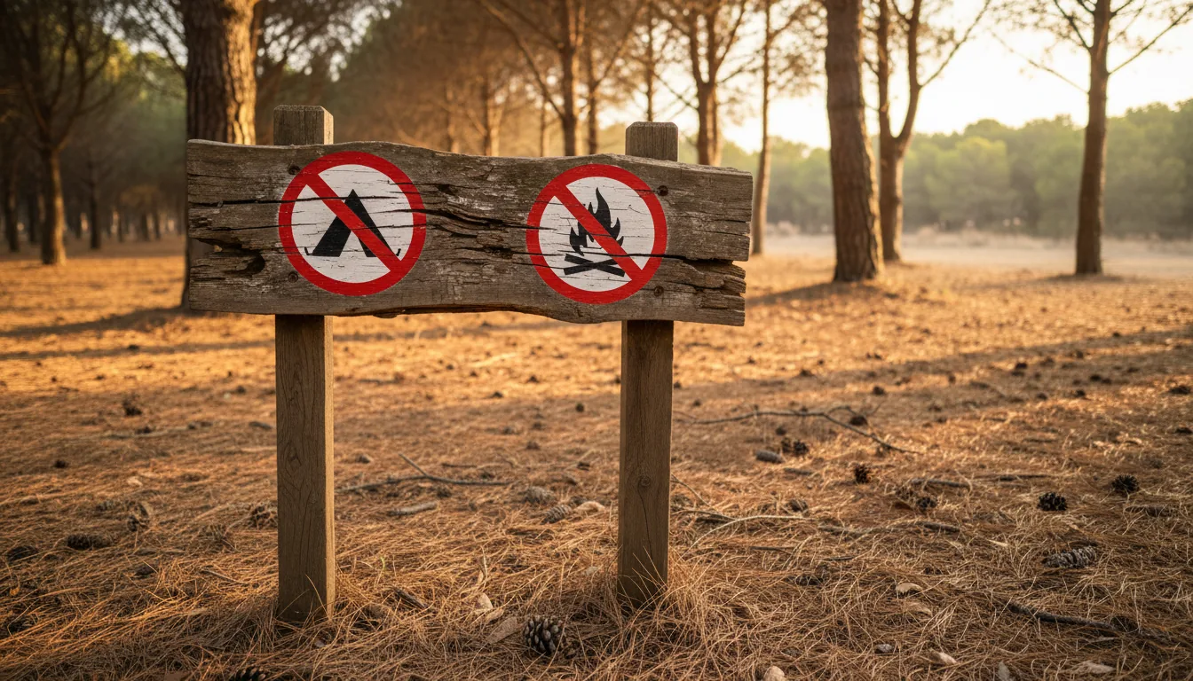 Cartel de prohibido acampar en pinar mediterráneo