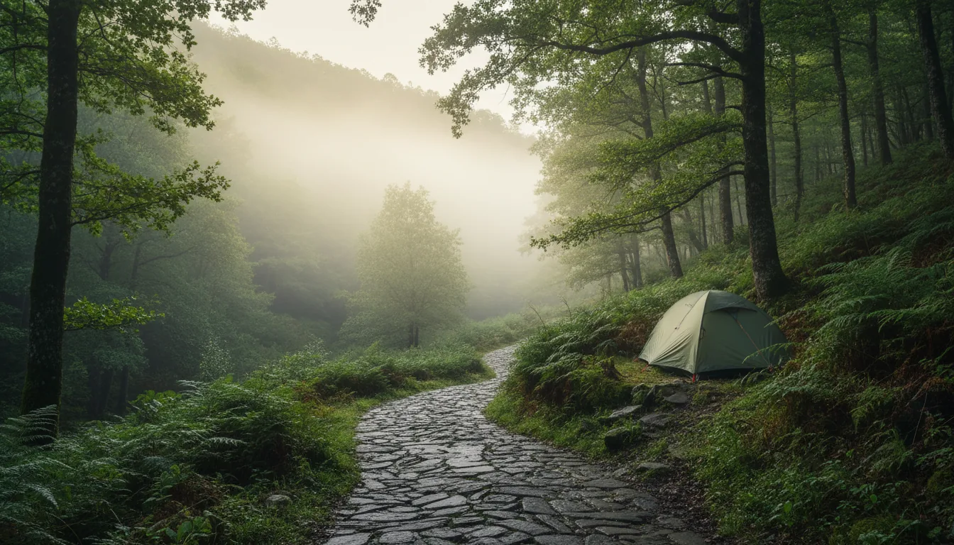 Tienda discreta en valle gallego con niebla