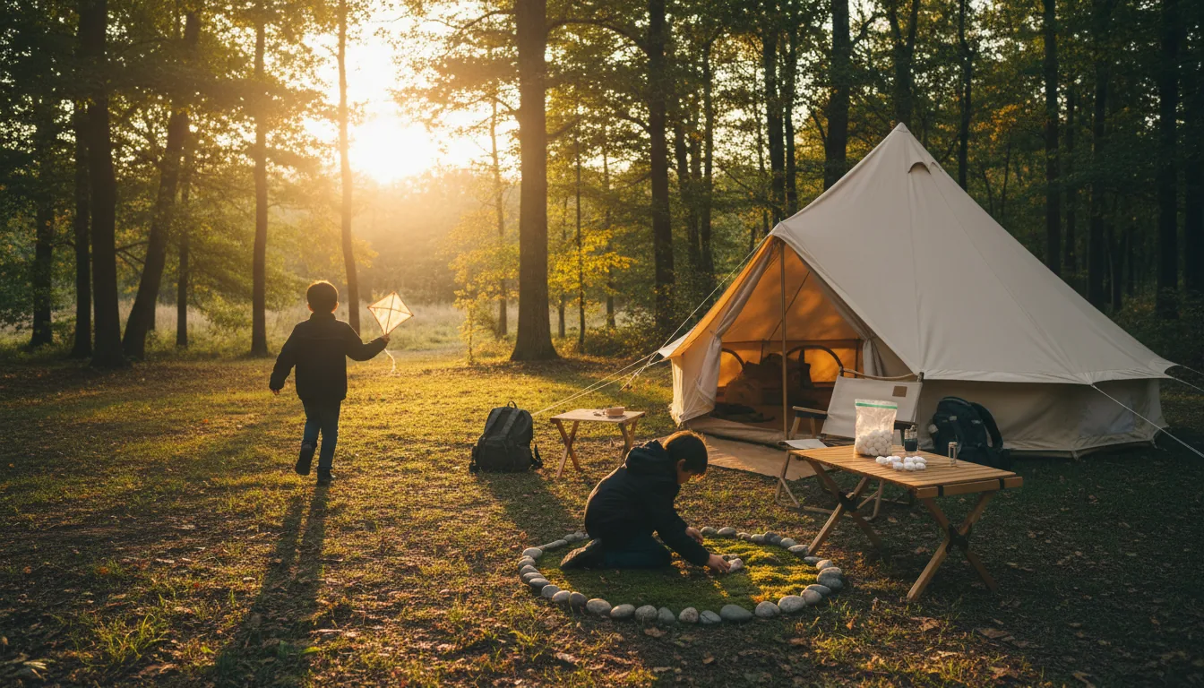 Niños jugando con cuerdas y palos cerca de la tienda