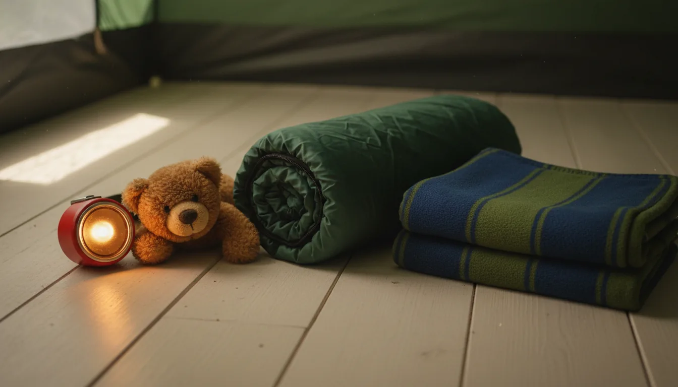 Saco de dormir infantil con peluche y frontal en tienda