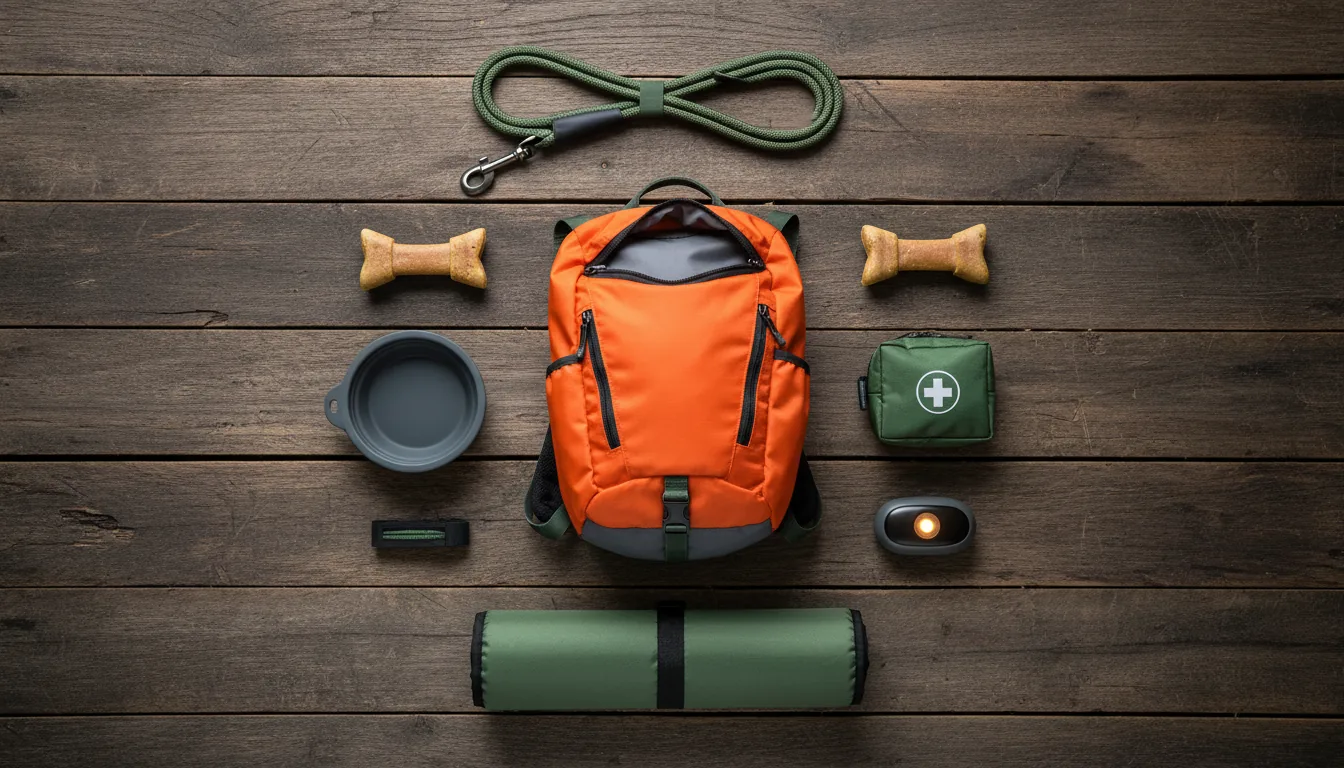 Flatlay de equipo outdoor para perro: mochila canina, comedero plegable, botiquín y collar LED