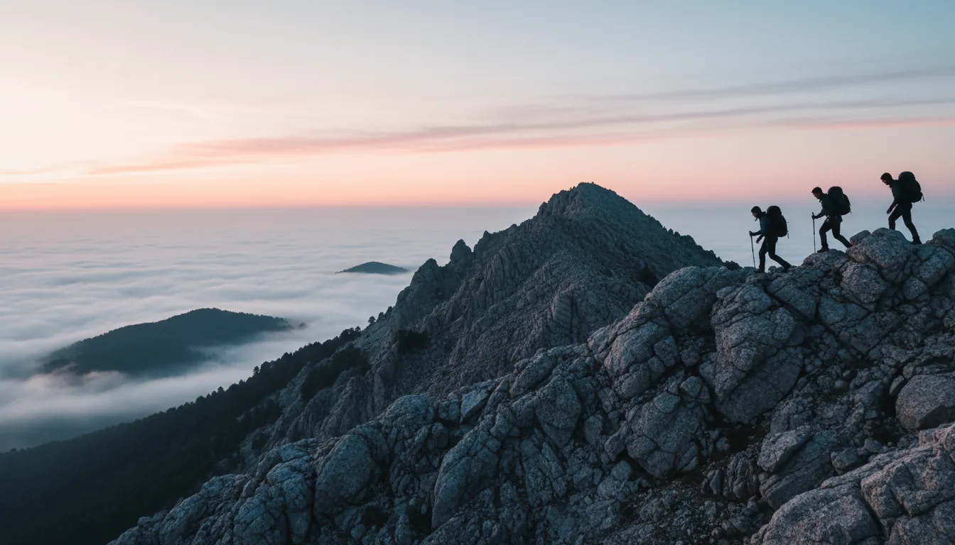 Senderistas en Peñalara al amanecer
