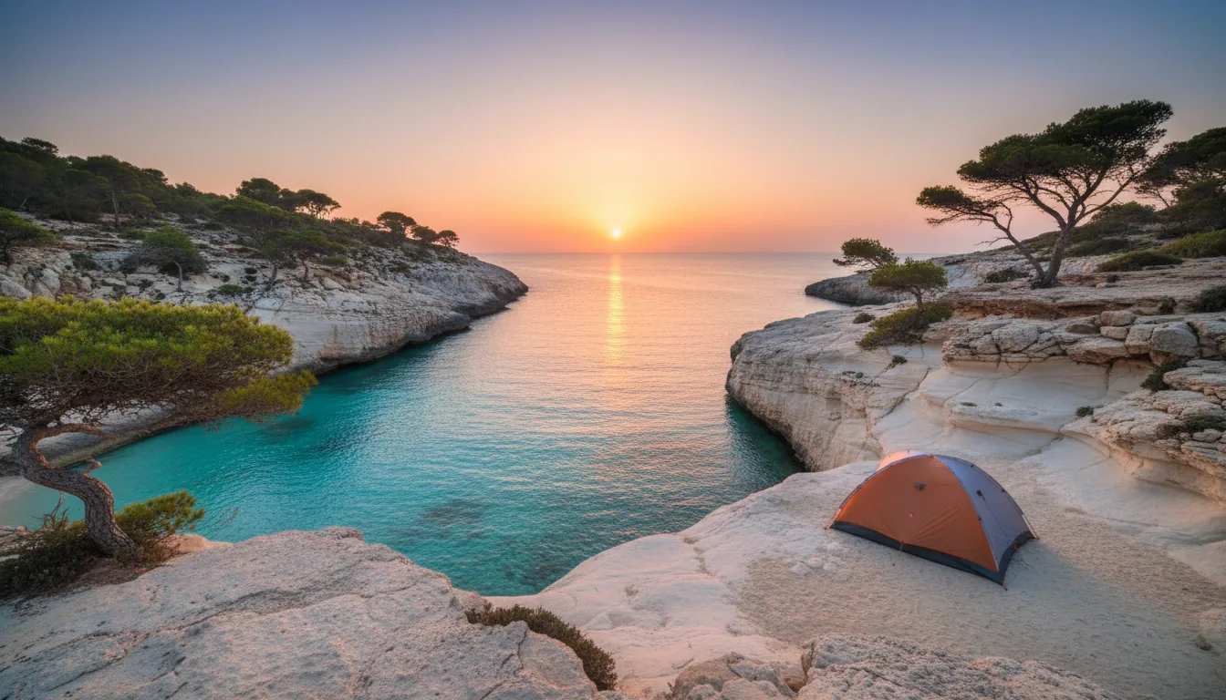 Cala mallorquina con tienda al atardecer