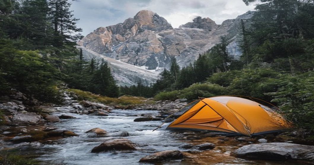 Campamento base junto a ibón pirenaico con monte nevado al fondo al amanecer
