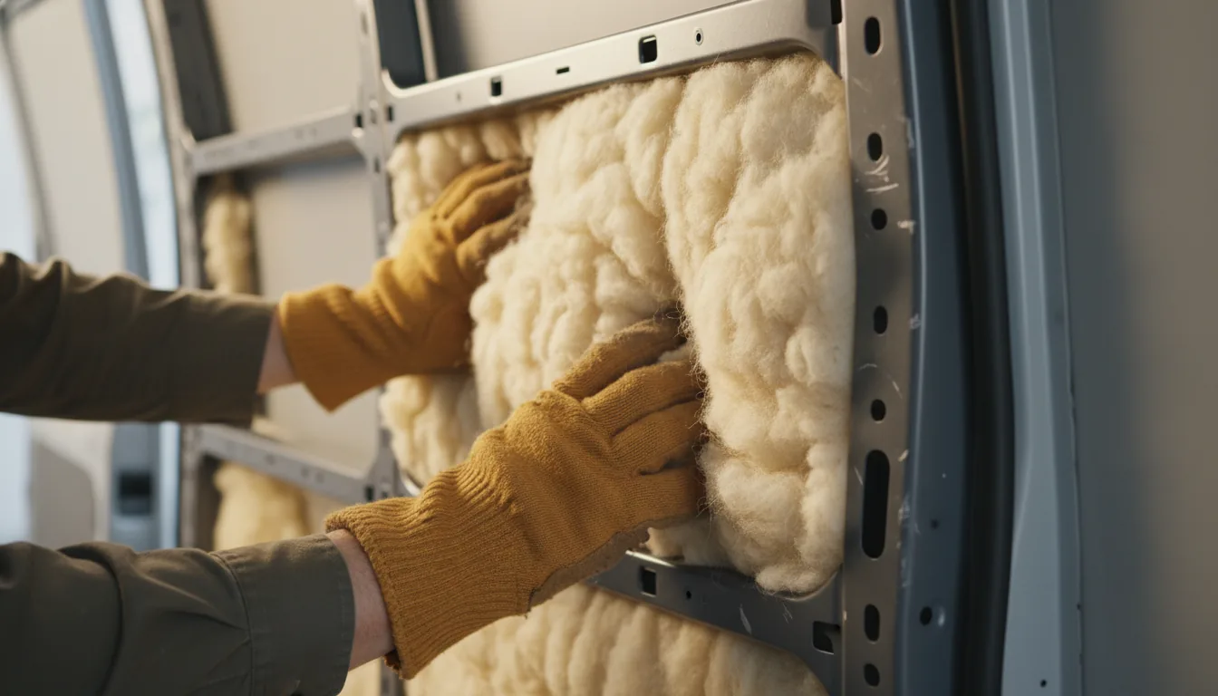 Lana de oveja siendo instalada entre costillas de van