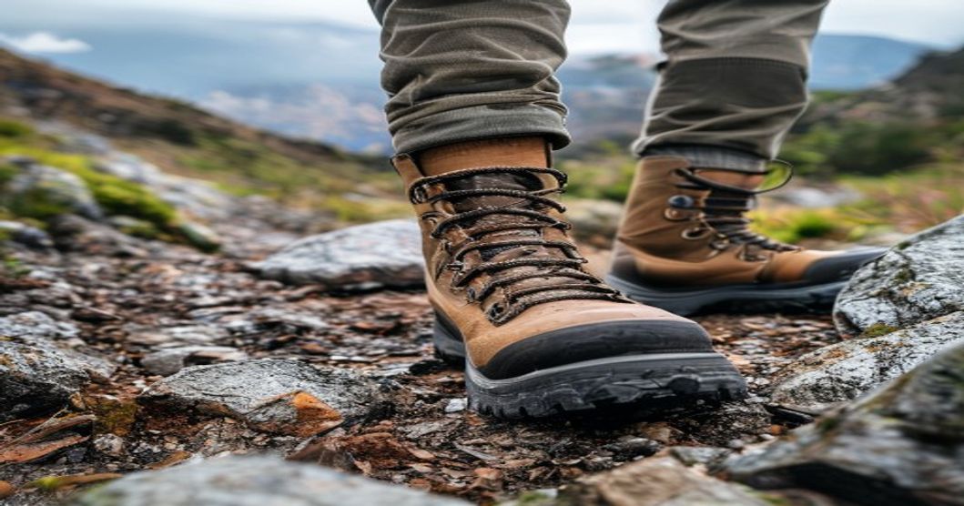 Detalle de suela Vibram MegaGrip de botas de trekking con agarre en roca mojada