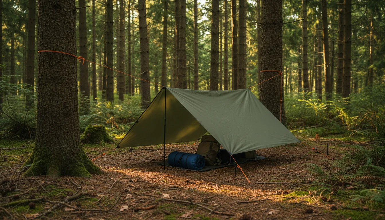 Refugio A-frame con lona verde en bosque