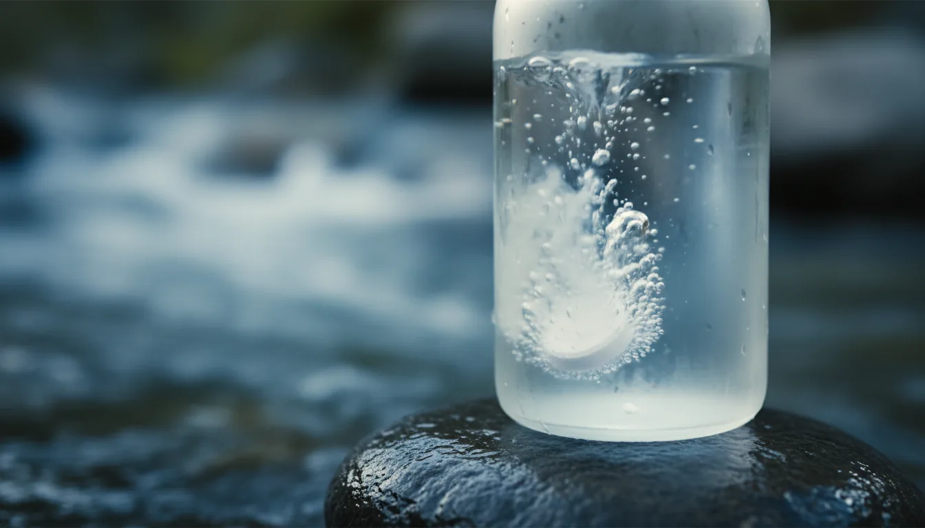 Pastilla potabilizadora cayendo en botella de agua