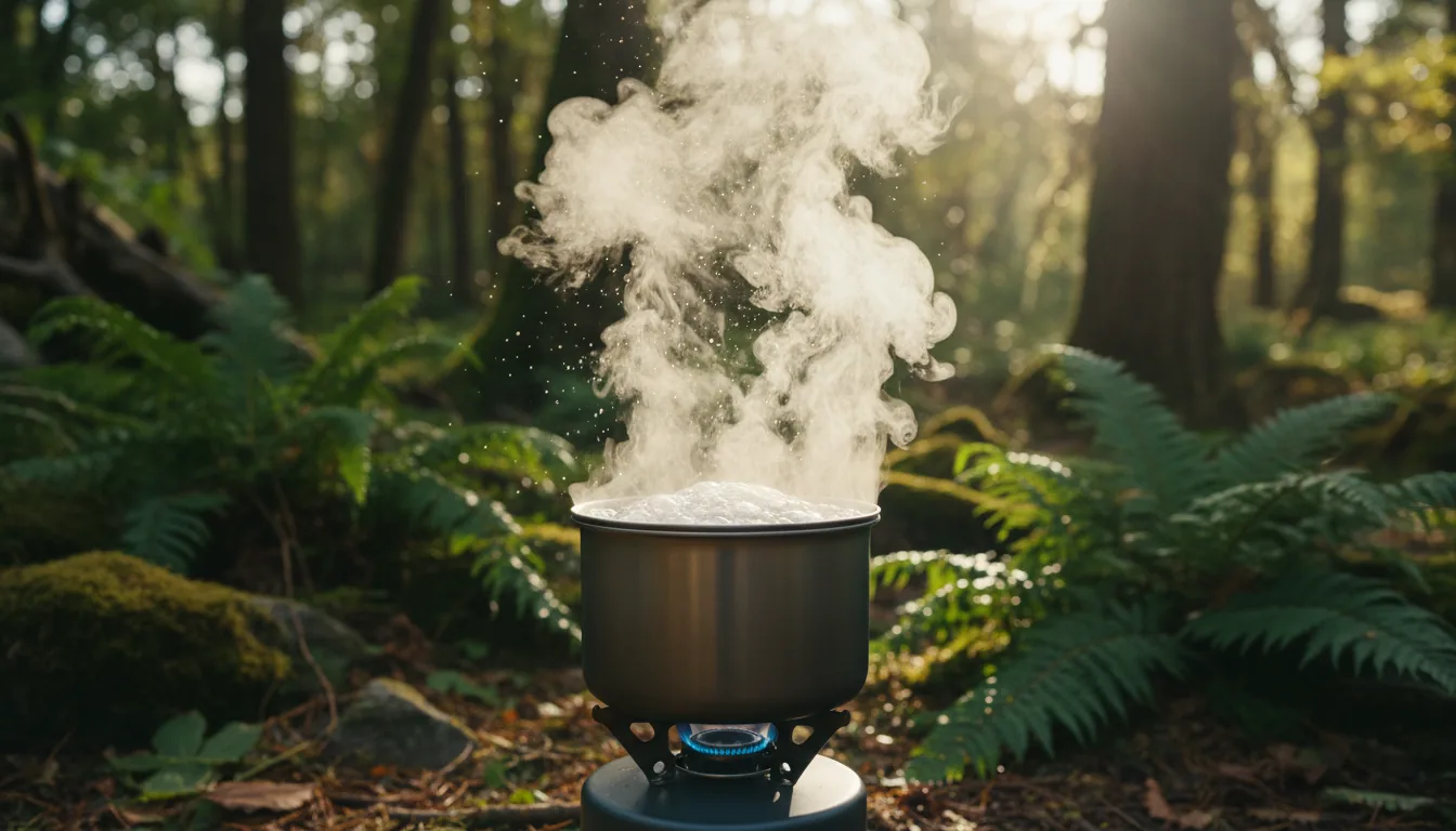 Olla de agua hirviendo sobre hornillo en bosque
