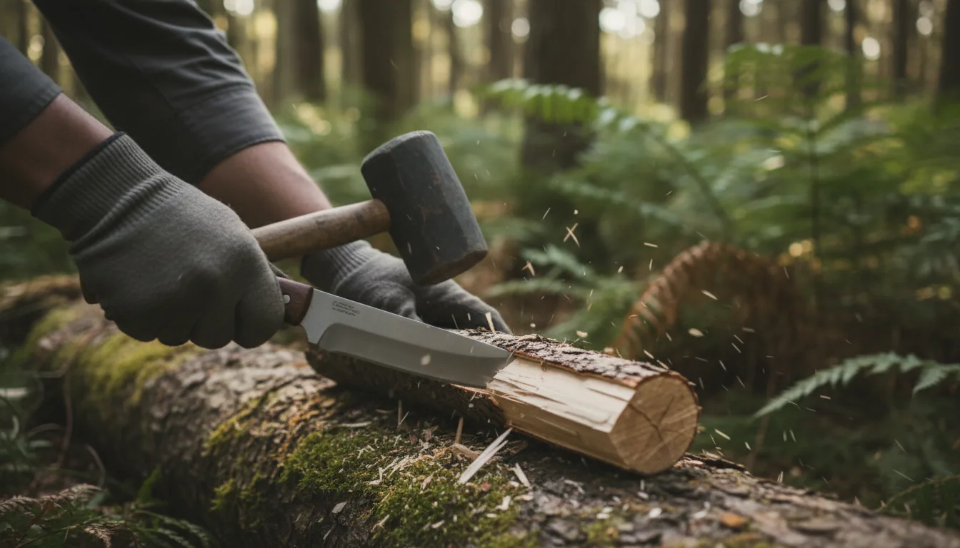 Cuchillo haciendo batoning sobre madera
