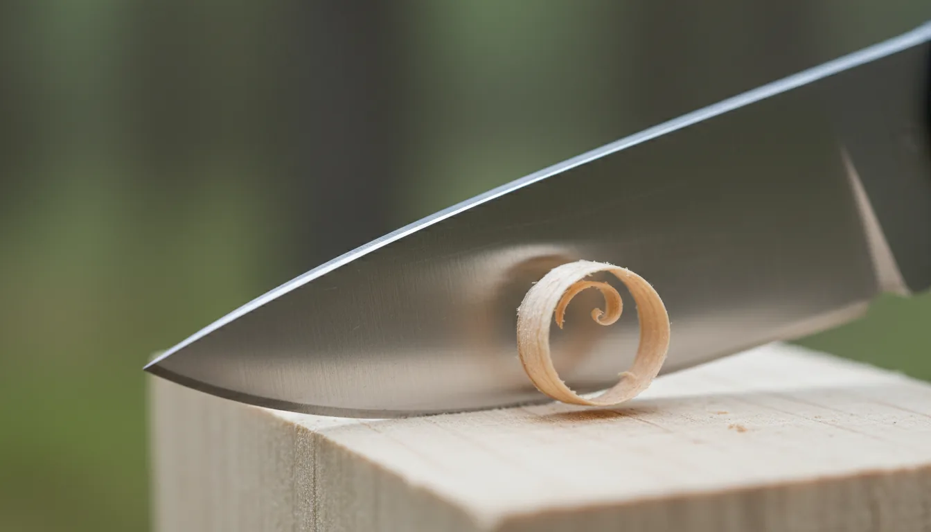 Detalle macro del filo scandi cortando madera