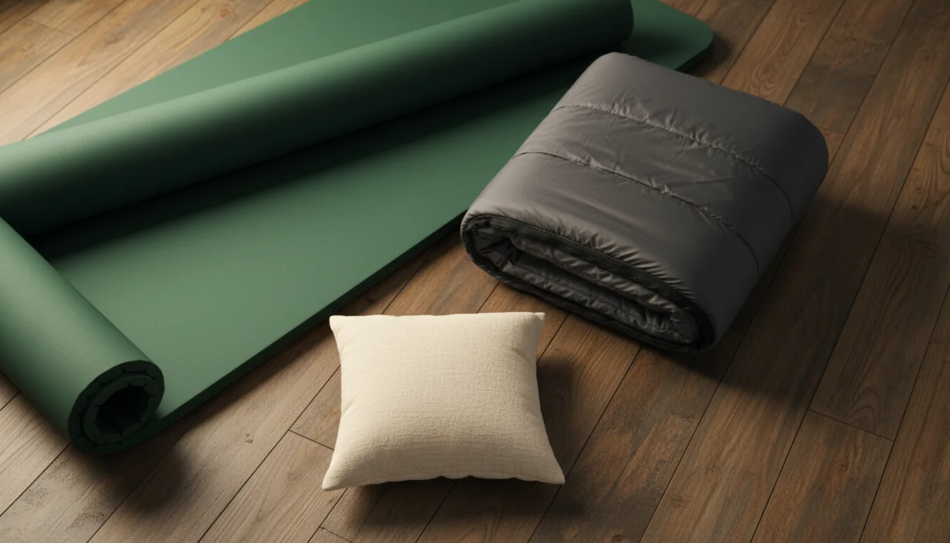 Esterilla autoinflable y saco enrollado en tienda