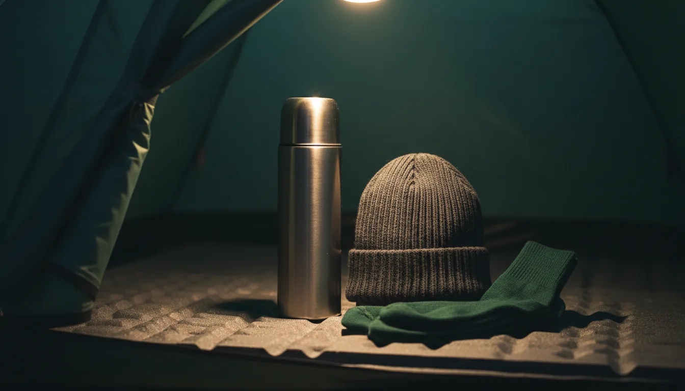 Termo, gorro y calcetines lana en tienda