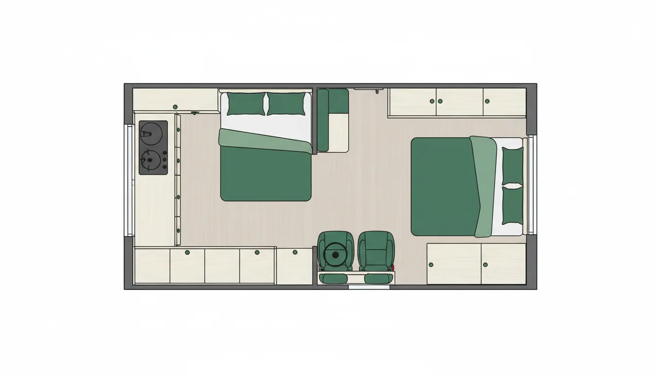 Detalle de cocina interior de camper con encimera de madera, fogón doble y fregadero