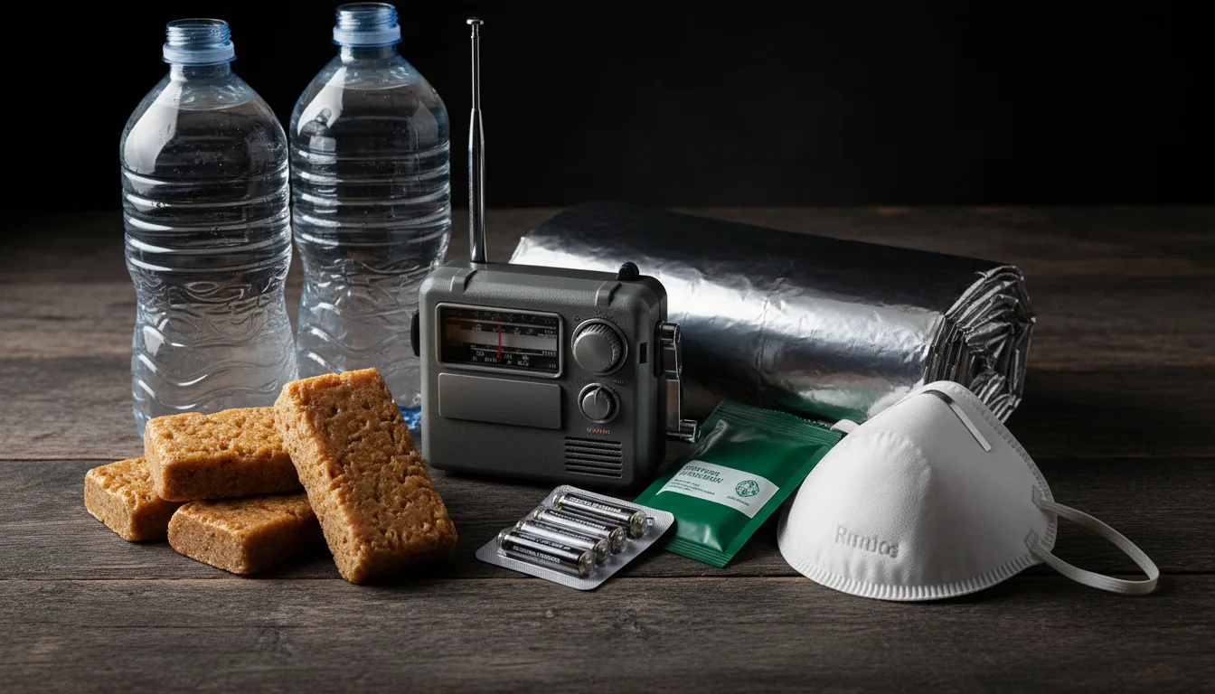 Componentes del kit emergencia: agua, barritas, radio