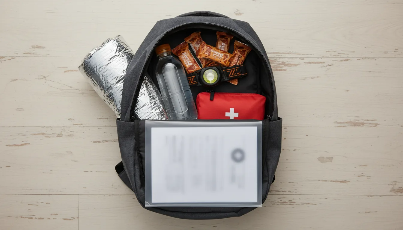 Mochila gris siendo packing con kit emergencia