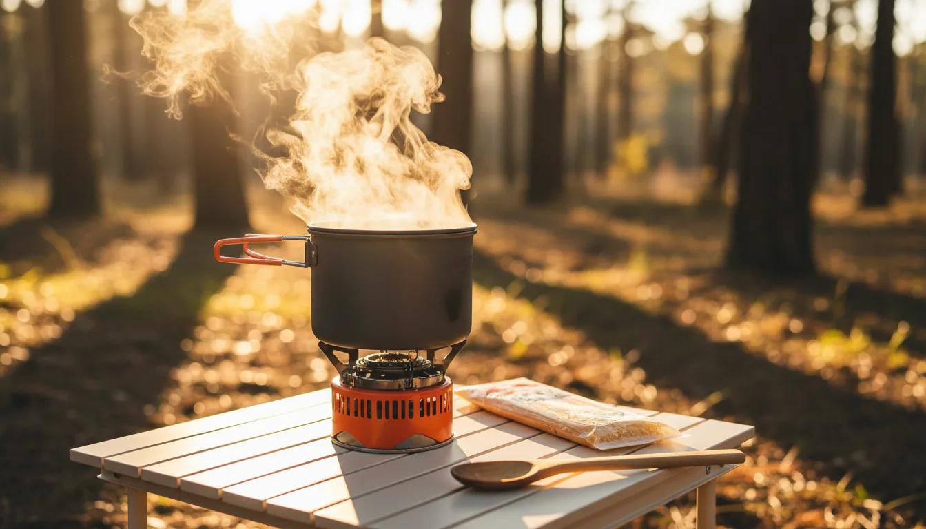 Cocinando pasta con hornillo Jetboil en cámping