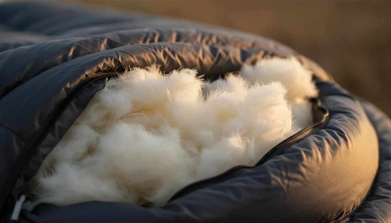 Detalle macro de pluma de ganso en saco abierto