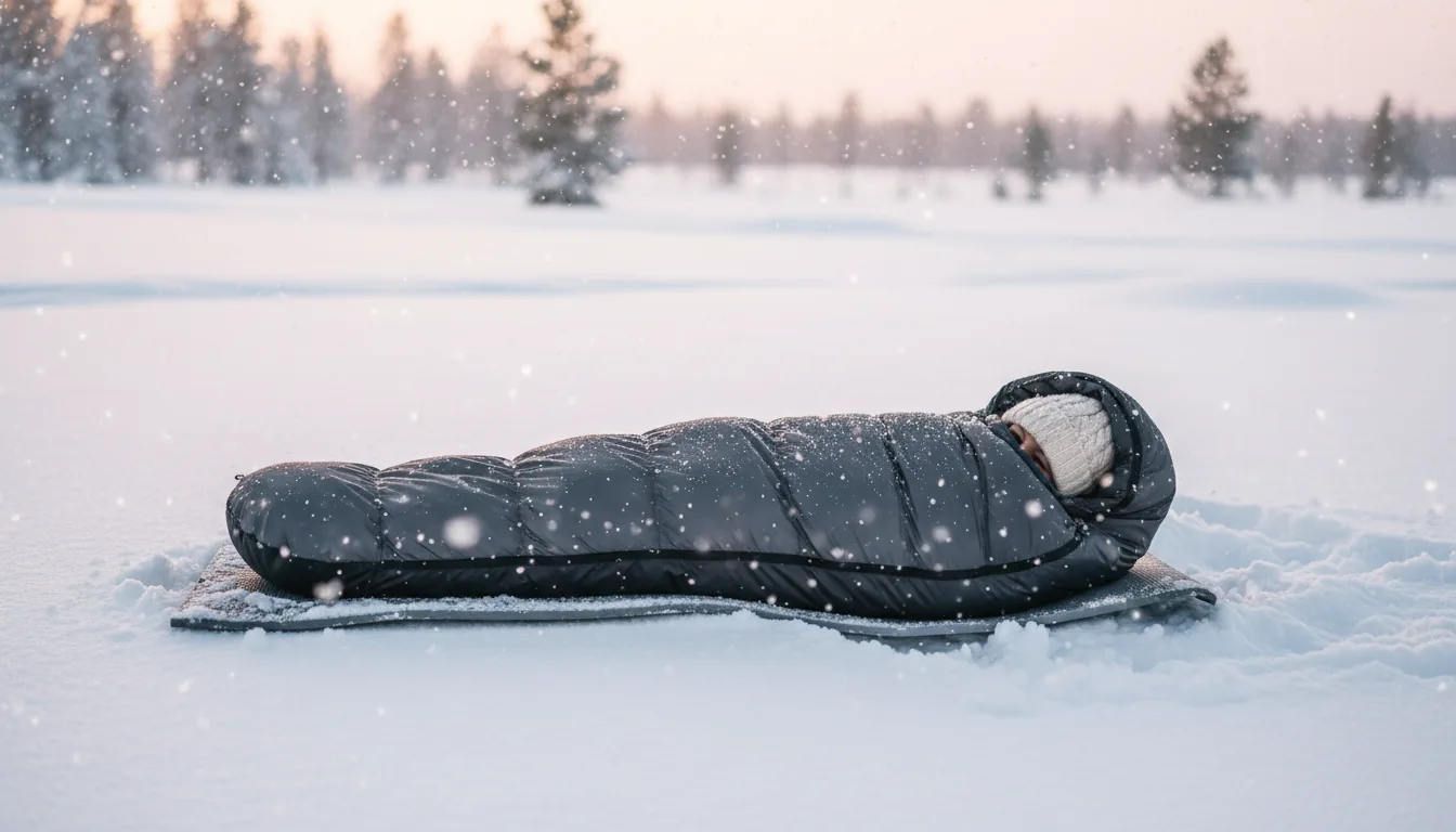 Persona en saco mummy en nieve al amanecer