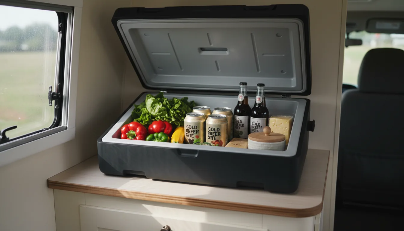 Nevera compresor abierta con comida fresca