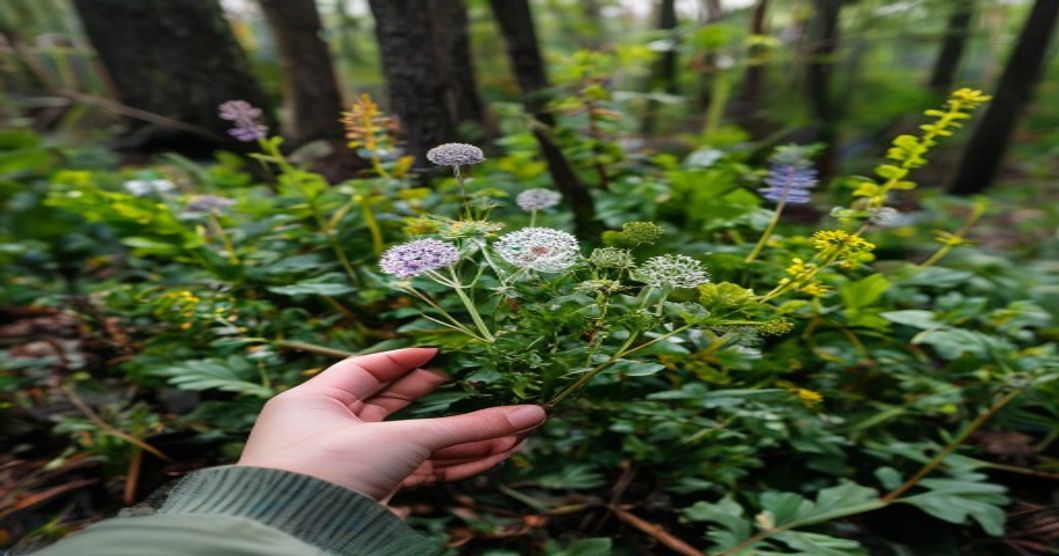 Variedad de plantas silvestres comestibles en una cesta de mimbre sobre hierba de montaña