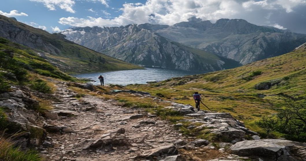 Senderistas subiendo por la arista granítica hacia el Almanzor con vistas al circo de Gredos