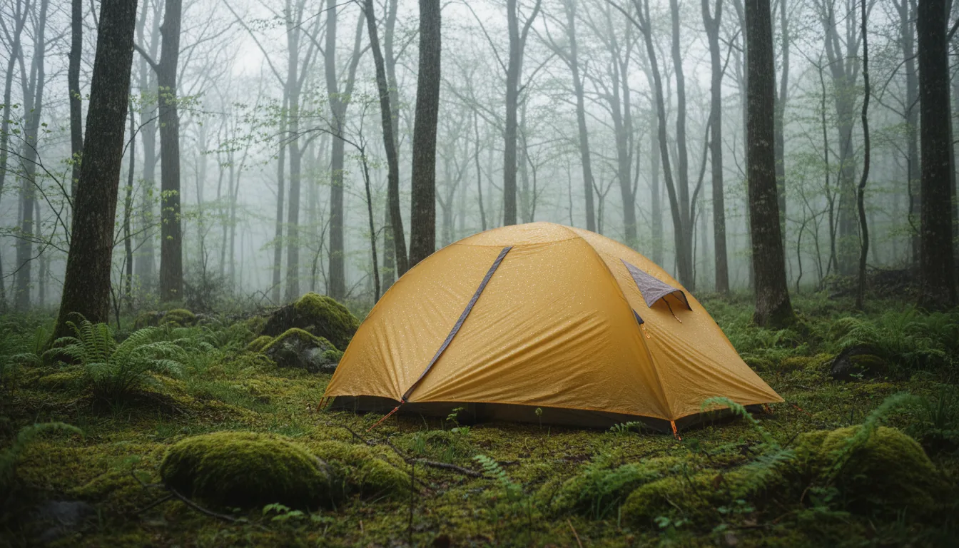 Tienda 3 estaciones bajo lluvia ligera en bosque