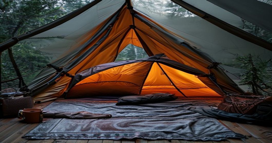 Interior espacioso de tienda de campaña para dos personas con luz cálida y sacos de dormir