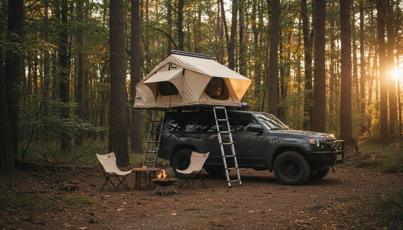 Tienda de techo blanda en SUV con escalera