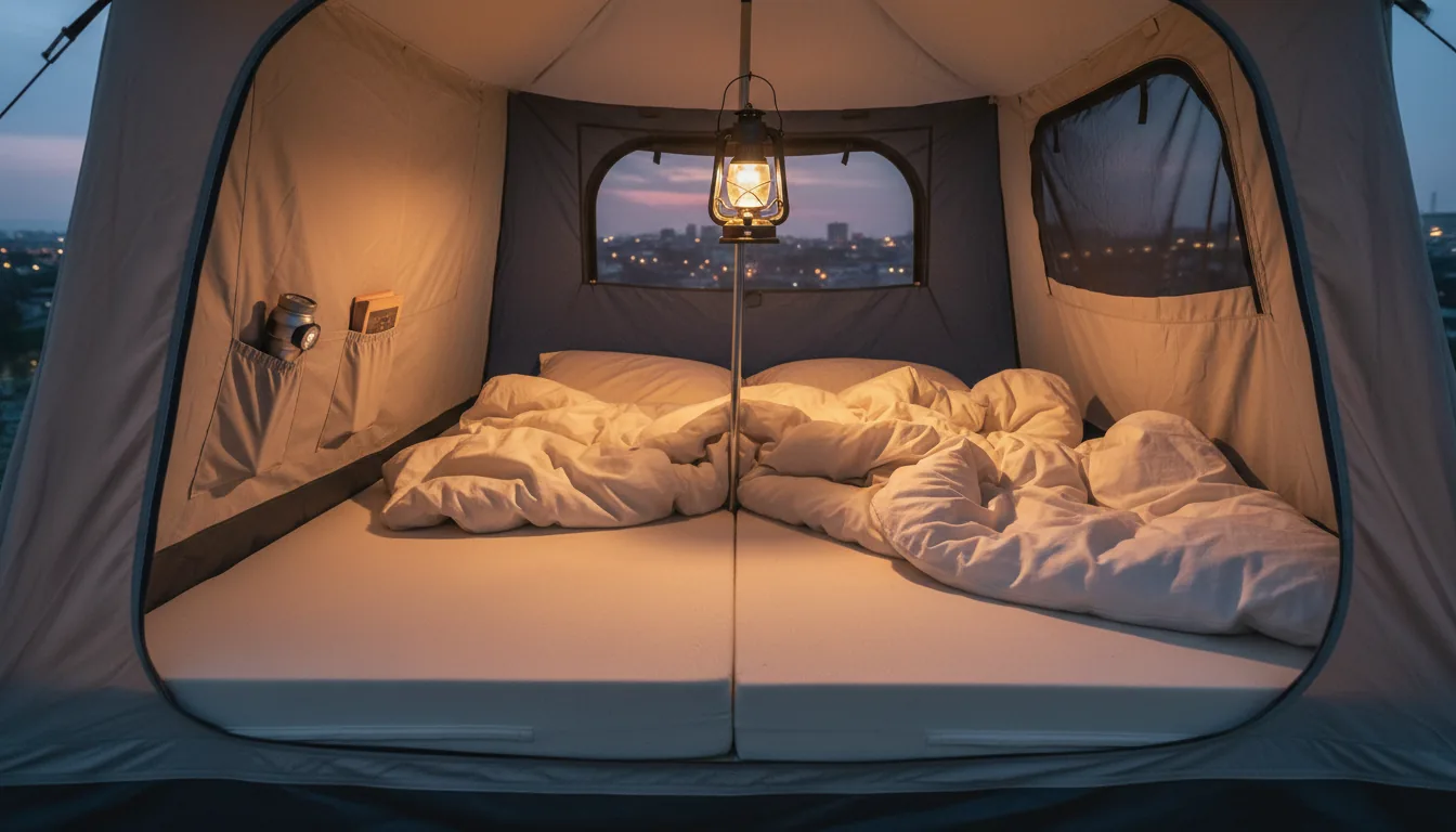 Interior de tienda de techo con bedding cremoso