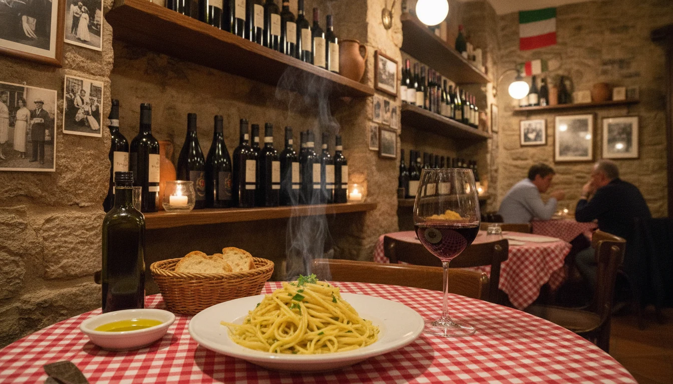 Calle italiana con trattoria local mesa pasta y vino